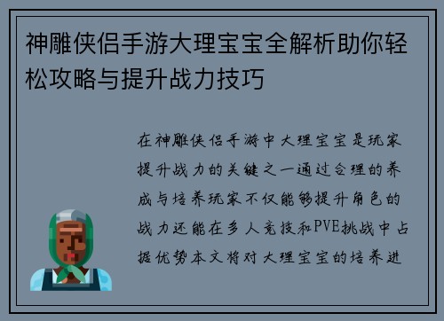 神雕侠侣手游大理宝宝全解析助你轻松攻略与提升战力技巧